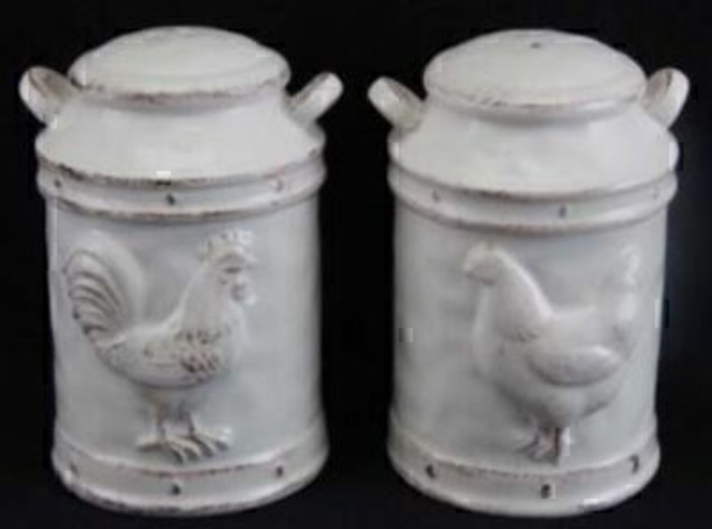 White Ceramic Hen Milk Urn Salt and Pepper Holders by Gisela Graham. Shabby Chic Look with embossed hen detail. Comes in Clear Acetate Box - size 14x10x8cm